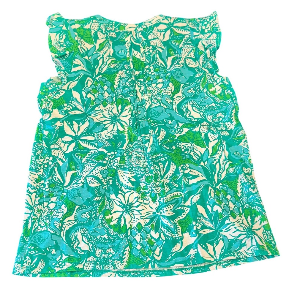 Lilly Pulitzer Golda Top Botanical Green Safari Sangria Floral Ruffle Top Size S - Picture 2 of 5